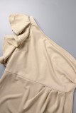 Khakifarbene, elegante, solide Patchwork-Volant-Kleider mit asymmetrischem, schrägem Kragen und einstufigem Rock