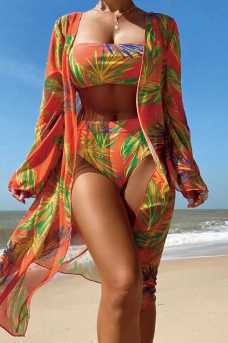 Orange Sexy Print Cardigan Swimsuit Three Piece Set (With Paddings)