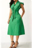Grüne, elegante, solide Patchwork-Frenulum-Volant-Kleider mit O-Ausschnitt und A-Linie