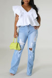 White Casual Sweet Solid Patchwork Flounce V Neck T-Shirts