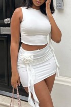 White Sexy Solid Patchwork O Neck Sleeveless Two Pieces