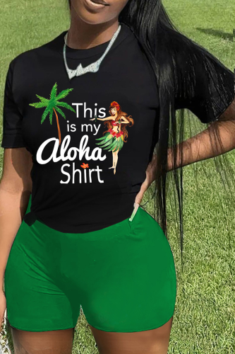 Black Green Street Print Patchwork O Neck Short Sleeve Two Pieces