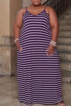 Púrpura casual estampado a rayas sin espalda correa de espagueti falda de un paso vestidos de talla grande