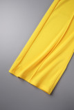 amarillo casual estampado patchwork hebilla cuello vuelto manga corta dos piezas