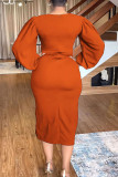 Oranje Elegante Solide Uitgeholde Patchwork Spleet O Neck Wrapped Skirt Jurken