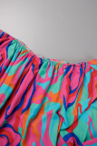 Kleur casual print backless off-shoulder jurken met lange mouwen