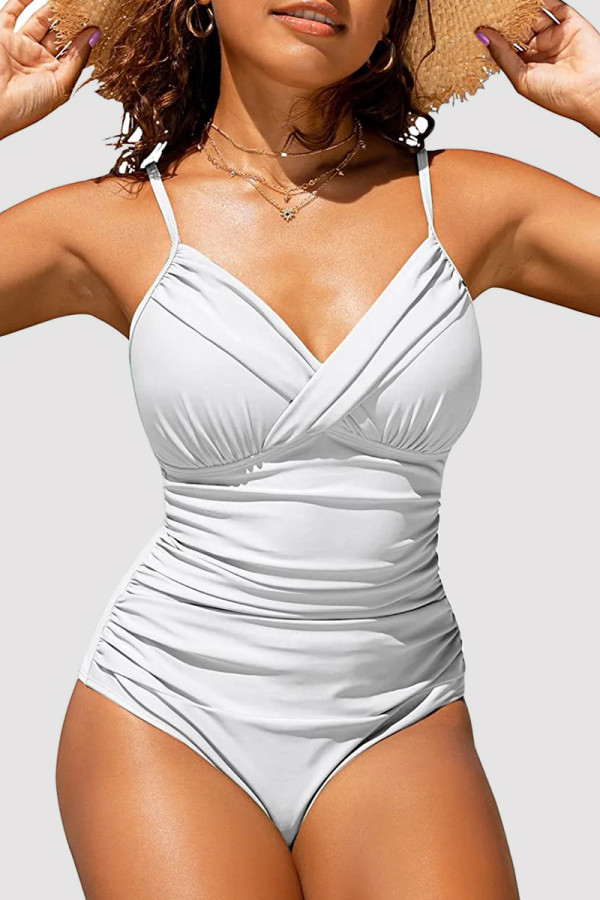 Weiße, sexy, einfarbige, rückenfreie, gefaltete Badebekleidung (mit Polsterungen)
