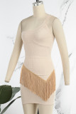 Khaki Sexy Solid Tassel Patchwork Backless Spaghetti Strap Sleeveless Two Pieces