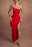 Красное сексуальное однотонное лоскутное длинное платье без бретелек с открытой спиной и разрезом Платья