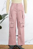 Pantaloni tinta unita convenzionali a vita alta con patchwork tinta unita casual rosa