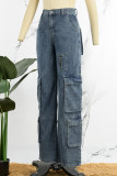 Lichtblauwe casual effen patchwork jeans met halfhoge taille en rechte spijkerbroek