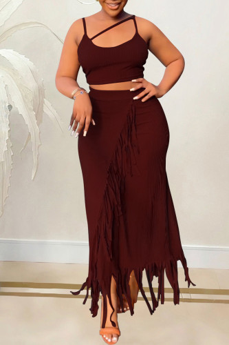 Burgundy Sexy Casual Solid Tassel Patchwork Backless Spaghetti Strap Sleeveless Two Pieces