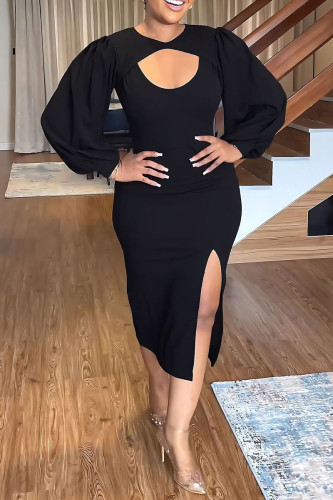 Black Elegant Solid Hollowed Out Patchwork Slit O Neck Wrapped Skirt Dresses