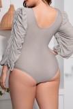 Grey Sexy Solid Frenulum V Neck Plus Size Swimwear (Without Paddings)