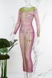 Roze casual print Basic O-hals jurken met lange mouwen