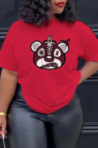 Camisetas con cuello en O de patchwork con estampado de calle casual rojo