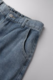 Light Blue Casual Solid Patchwork Mid Waist Straight Cargo Denim Jeans