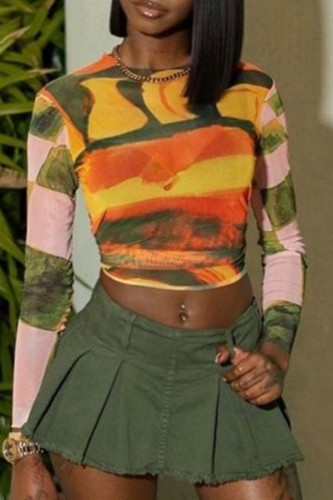 Yellow Casual Print Basic O Neck Tops
