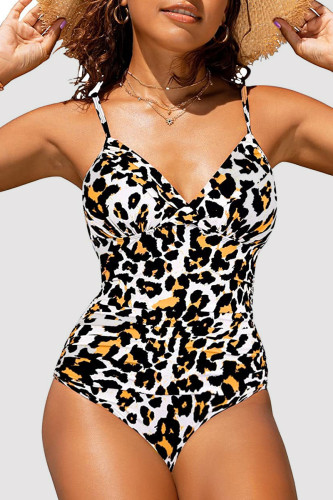 Rückenfreie, gefaltete Badebekleidung mit Leopardenmuster und sexy Muster (mit Polsterung)