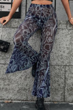 Schwarze durchsichtige Patchwork-Hose mit normaler hoher Taille und durchgehendem Print im Street-Print