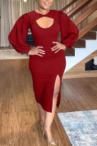 Rode elegante effen uitgeholde jurken met slit O-hals omwikkelde rok