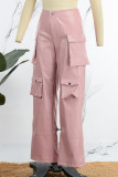 Pantaloni tinta unita convenzionali a vita alta con patchwork tinta unita casual rosa
