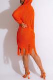 Orange Sexy Solid Ripped V Neck Sheath Dresses