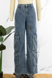 Jeans jeans reto casual azul claro patchwork cintura média