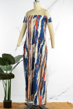 Rode casual print patchwork zak off-shoulder lantaarn jurk jurken