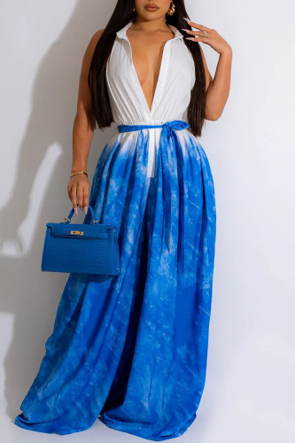 Blue Casual Print Bandage V Neck Regular Jumpsuits