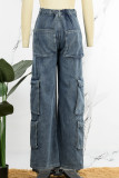 Light Blue Casual Solid Patchwork Mid Waist Straight Denim Jeans