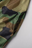 Army Green Casual Print Patchwork Pocket Off the Shoulder Lantern Dress Klänningar