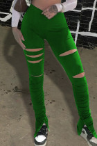 Pantalon décontracté solide évidé fendu skinny taille haute conventionnel couleur unie vert