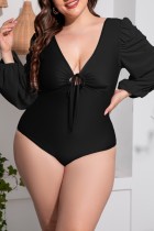 Black Sexy Solid Frenulum V Neck Plus Size Swimwear (Without Paddings)