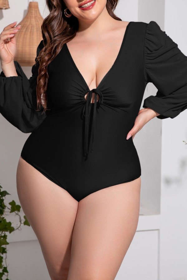 Zwarte Sexy Effen Frenulum V-hals Plus Size Zwemkleding (Zonder Paddings)