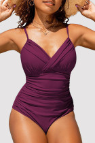 Бордовый сексуальный цельный купальник со складками и открытой спиной (с накладками)