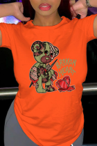 T-shirt O Neck patchwork con stampa vintage giornaliera arancione