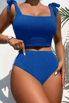 Blue Sexy Solid Bandage Backless Swimwears (With Paddings)