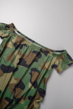 Army Green Casual Print Patchwork Pocket Off the Shoulder Lantern Dress Dresses