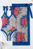 Trajes de baño sin espalda de patchwork de vendaje con estampado sexy azul (con rellenos)