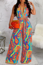 Tangerine Red Casual Print Patchwork Frenulum Turndown Collar Front Tie Tank Loose Wide Leg Jumpsuits(With Belt)