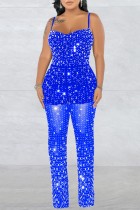 Blaue sexy Patchwork-Hot Drilling rückenfreie Skinny-Jumpsuits mit Spaghettiträgern (je nach tatsächlichem Objekt)