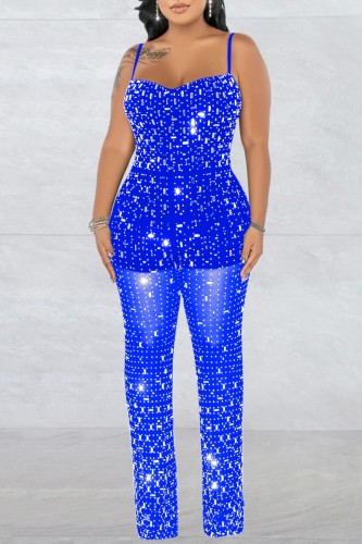 Blue Sexy Patchwork Hot Drilling Backless Spaghetti Strap Skinny Jumpsuits (Subject To The Actual Object)