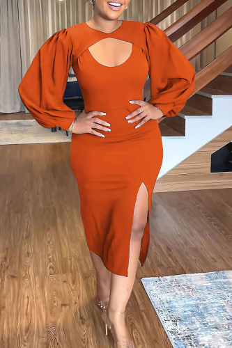 Orange Elegant Solid Hollowed Out Patchwork Slit O Neck Wrapped Skirt Dresses