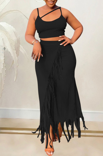 Black Sexy Casual Solid Tassel Patchwork Backless Spaghetti Strap Sleeveless Two Pieces