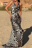 Леопардовый принт Сексуальная повязка с открытой спиной Холтер Длинное платье Платья