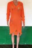 Orange Sexy Solid Ripped V Neck Sheath Dresses