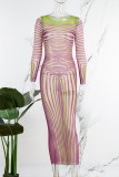Roze casual print Basic O-hals jurken met lange mouwen