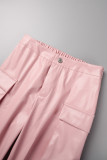 Pantalon décontracté solide patchwork taille haute classique couleur unie rose