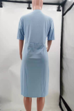 Tiefblaue, lässige Patchwork-Kleider mit V-Ausschnitt